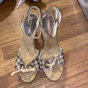 Burberry Plaid Jute Espadrille Wedge Sandal Snakeskin Ankle Strap Womens Size 39